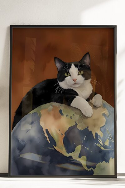 Postifull Çerçevesiz Poster, Black Cat on World, Comfort Serisi Mutfak Duvar Posteri, NO:108964