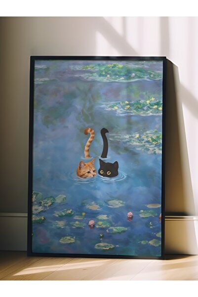 Postifull Siyah Çerçeveli Tablo, Cat Print Monet Waterlily - 3, Comfort Serisi Mutfak Duvar Tablosu, NO:108968