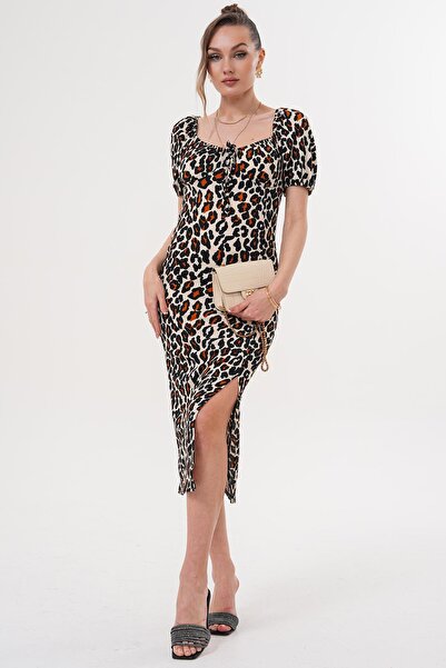 ZEYWEAR فستان ليوبارد كم البطيخ