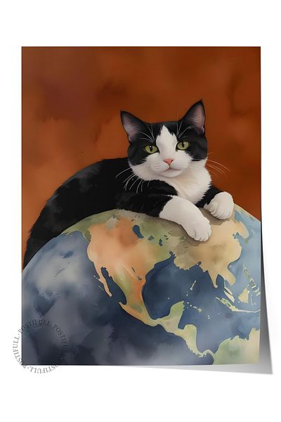Postifull Unframed Poster, Black Cat on World, Comfort Series Kitchen Wall Poster, No:108964