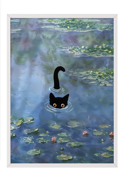 Postifull White Framed Painting, Cat Print Monet Waterlily - 2, Comfort Series Kitchen Wall Painting, No:108967