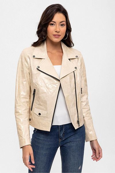 Deriderim Beige Merlot Snap Detailed Side Zipper Biker Biker Genuine Leather Women's Coat