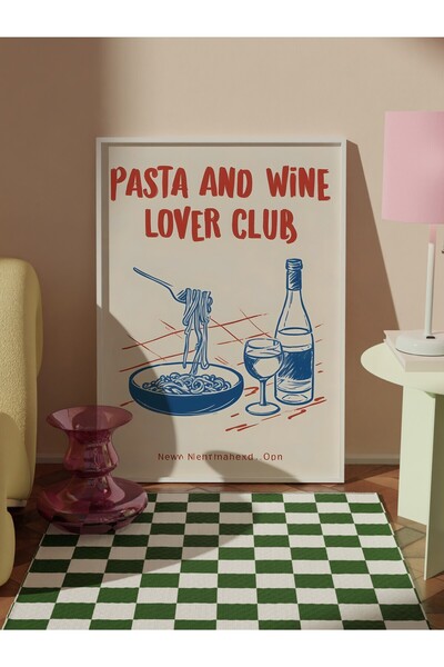 Postifull Beyaz Çerçeveli Tablo, Pasta & Wine Lovers Club, Comfort Serisi Mutfak Duvar Tablosu, NO:109077