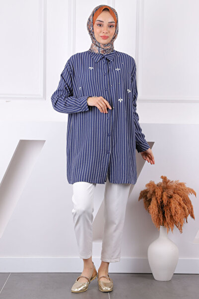 İmajButik Μπλε ναυτικό ριγέ χιτώνα με πέτρες στο μπροστινό μέρος