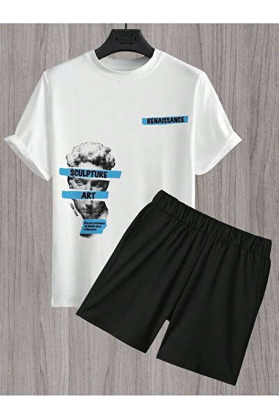 DUBU BUTİK Pantaloni scurți Art Tricou - Pantaloni scurți albi negri Set de tricou imprimat oversize cu decolteu