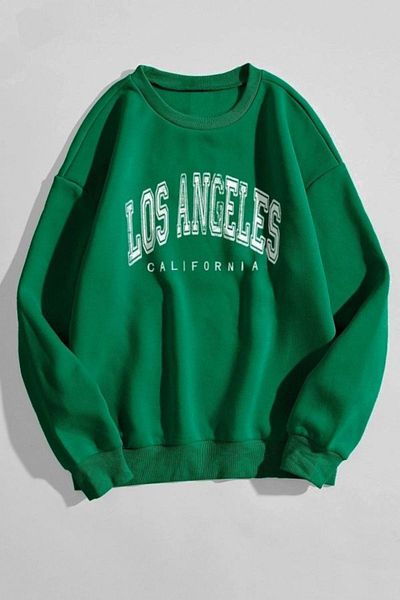 DUBU BUTİK Los Angeles Text Design Sweatshirt - Nefti Green Printed Oversize Thick Winter Crew Neck