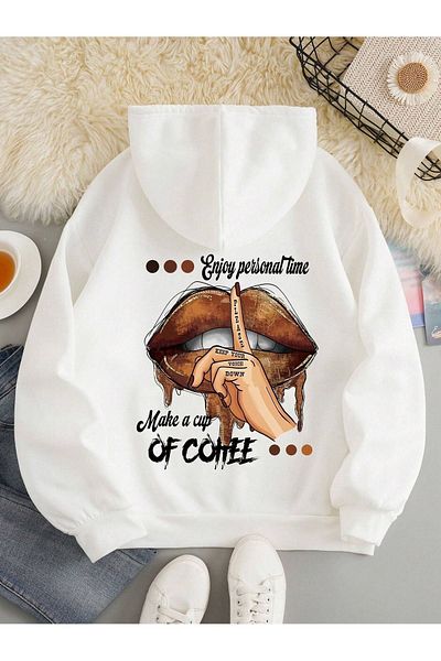 DUBU BUTİK Of Coffee Lips Sweatshirt - White Printed Oversize Thick Winter Hoodie