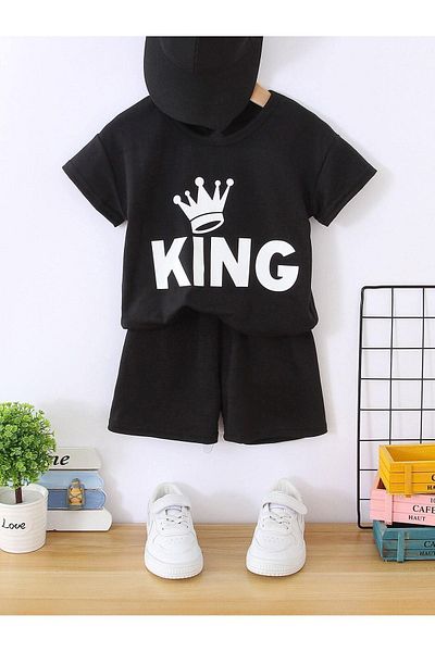 DUBU BUTİK King Cotton Kids Shorts and T-shirt Set - Crown Printed, Crew Neck, Black