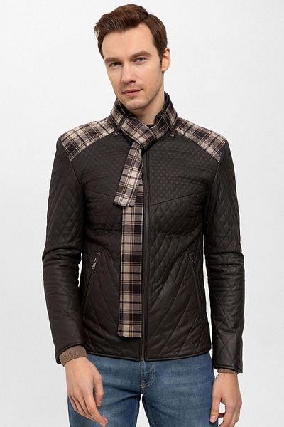Deriderim Brown Steven Men's Shawl Quilted Genuine Leather Coat