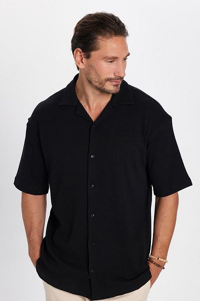 Tudors Men's Relax Fit Relaxed Cut Knitted Texture Short Sleeve Apache Collar Black Shirt