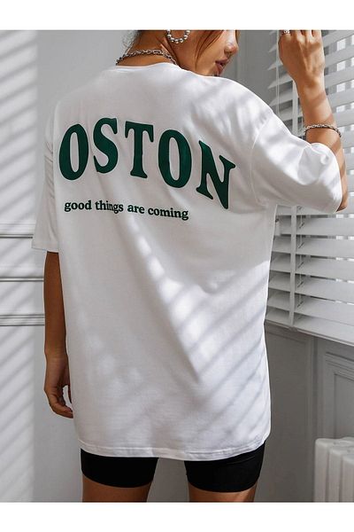 VBSVİBES Women's White Oversized Boston Printed Knitted T-shirt