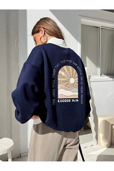 DUBU BUTİK Exodus 14:14 Winter Thick Sweatshirt - Navy Blue Printed Oversize Thick Winter Crew Neck