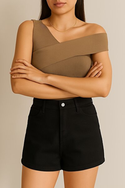 bayansepeti Βιζόν ελαστικό πλεκτό ύφασμα με έναν ώμο Madonna γιακά μπλούζα 0265