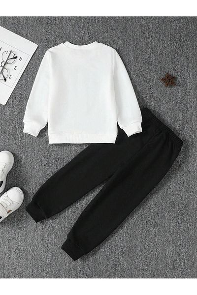 CLAYES California Pocket Printed Kids Set - Crew Neck White Sweatshirt and Black Jogger