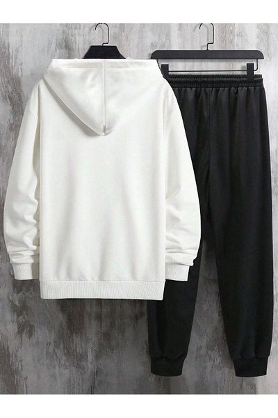 DUBU BUTİK Σετ φόρμας King Λευκό φούτερ Black Jogger - Printed Oversize Raised Hooded