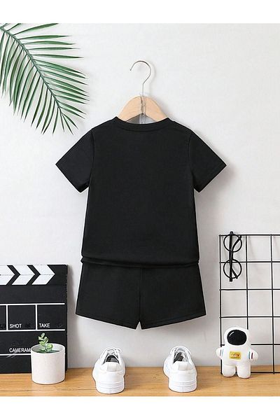 DUBU BUTİK Los Angeles California Printed Children's Cotton Black Shorts and T-shirt Set - Crew Neck