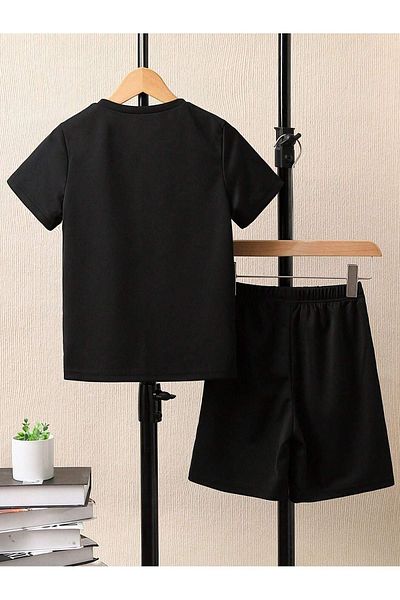 DUBU BUTİK Cotton Black Children's Shorts and T-shirt Set - Moon Astronaut Printed, Crew Neck