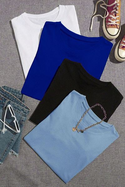 CLAYES Tricou simplu de bază, 4 piese, combinație multiplă - alb Saks Blue Black Baby Blue Oversize Crew Deck