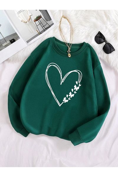 DUBU BUTİK Φούτερ με σχέδιο καρδιάς πεταλούδας - Nefti Green Printed Oversize Χοντρό χειμερινό λαιμόκοψη