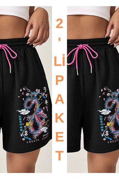 CLAYES Pachet de 2 pantaloni scurți negri de culoare Dragon - Snur din bumbac pieptănat imprimat