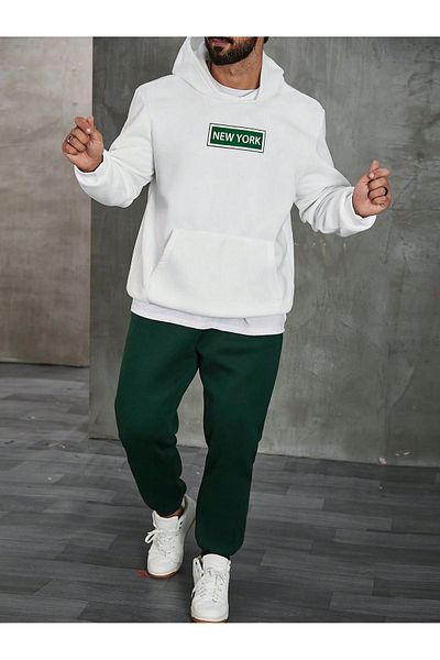 DUBU BUTİK New York Tracksuit Set Sweatshirt Jogger - White Nefti Green printed Oversize Hooded