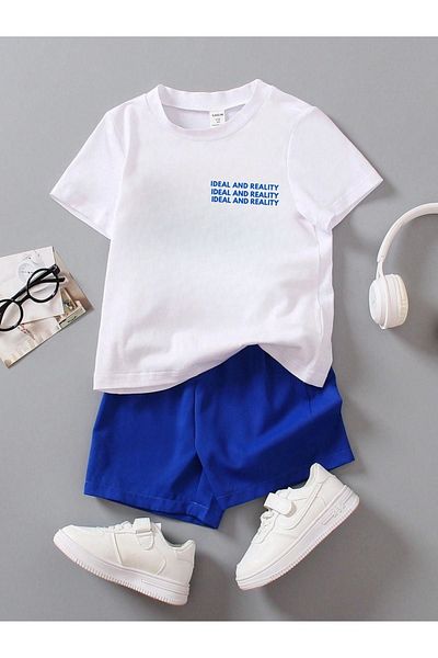 CLAYES White T-Shirt and Sax Blue Shorts - Children's Set Ideal Printed Cotton Writers