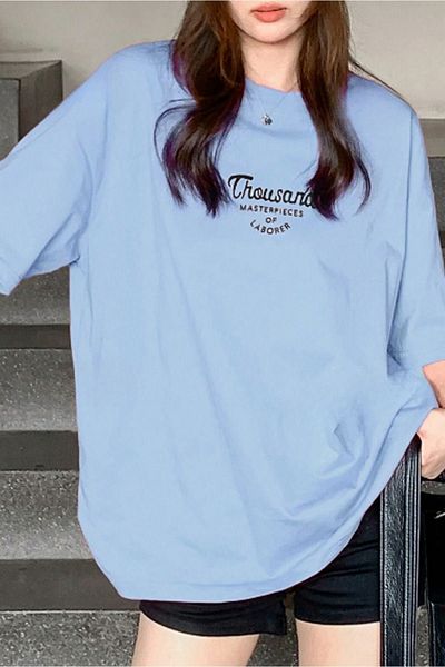 CLAYES Thousand Single Jersey T-shirt - Baby Blue Printed Oversize Crew Neck Short Sleeve T-Shirt
