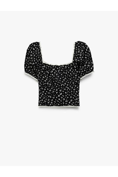 Koton Νέα σεζόν Heart Neck Κοντό μπαλόνι μανίκι Floral Crop Μπλούζα