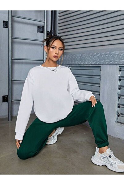 CLAYES Basic απλό σετ αθλητικής φόρμας Λευκό φούτερ Green Jogger - Oversize Raster Crew Neck