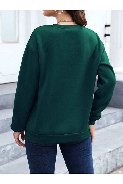 DUBU BUTİK Brooklyn 1631 Sweatshirt - Green Printed Oversize Thick Winter Crew Neck