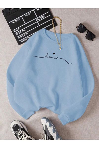 DUBU BUTİK Φούτερ Love Text - Baby Blue Printed Oversize Χοντρό χειμερινό λαιμόκοψη