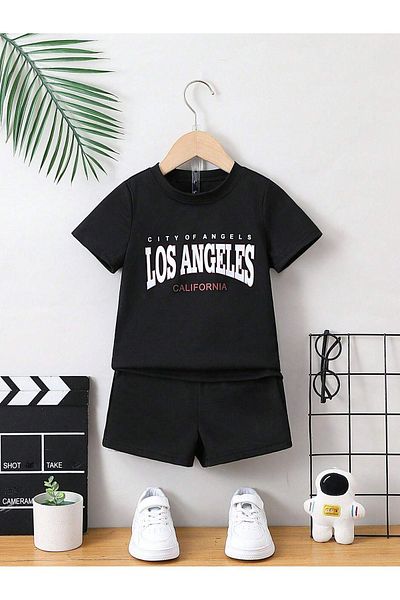 DUBU BUTİK Los Angeles California Printed Children's Cotton Black Shorts and T-shirt Set - Crew Neck