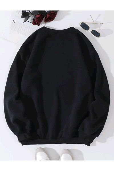 DUBU BUTİK Pocket Design Daisy Pattern Sweatshirt - Black Printed Oversize Thick Winter Crew Neck