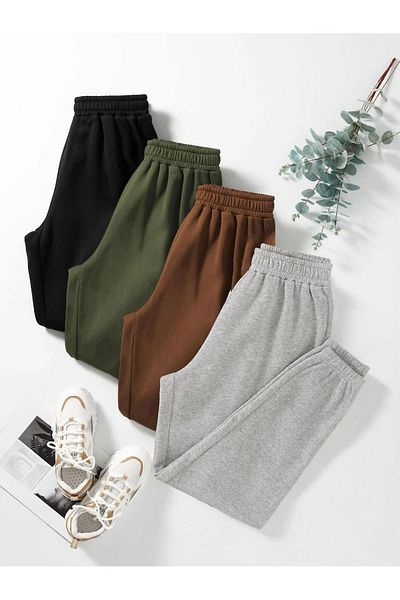 CLAYES Pantaloni de sport de bază drepti 4 piese Jogger - Negru Kaki Maro Gri Cauciuc Picior Talie înaltă