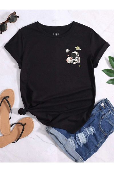 VBSVİBES Tricou negru oversize cu imprimeu astronaut pentru femei