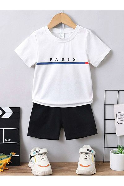 DUBU BUTİK Paris Cotton Kids Set - White T-shirt and Black Shorts, Printed - Girls Boys Summer Crew Neck