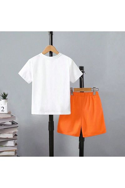 DUBU BUTİK Girl's Boy's Summer Set - Orange Shorts, White T-shirt Print, Crew Neck