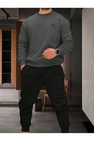 DUBU BUTİK Σετ φόρμας Bird Silhouette - Smoke Black Printed Winter Crew Lack