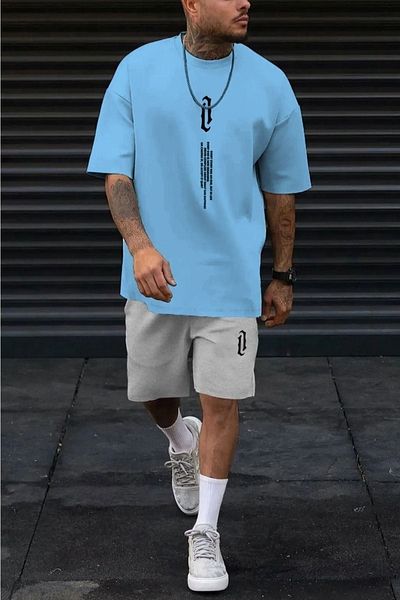 CLAYES Vertical T-Shirt Shorts - Baby Blue Grey Bottom Top Combination Shorts Set T-shirt Set printed Oversize Crew Neck