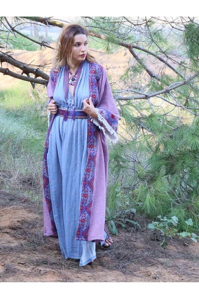 Su Koleksiyon Tarsus Kaftan Lilac with Kilim Border / Designer Kaftan / Bohemian Style Kimono