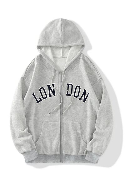DUBU BUTİK Gray Oversize Hooded London Cardigan - Printed