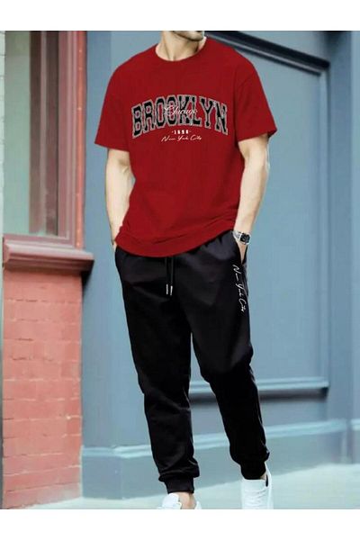 SKYLİGHT Red Oversize Brooklyn Print T-Shirt - Black Jogger Sweatpants Set