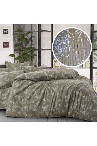 Pucioasa Double crepe bed linen with elastic for mattress 160x200cm, 100% cotton, olive with white flowers