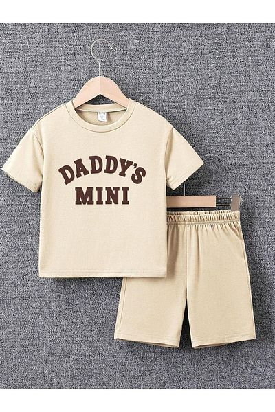 DUBU BUTİK Daddys Mini Printed Beige Kids Shorts and T-shirt Set - Crew Neck, Cotton