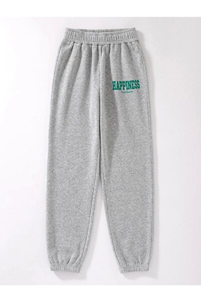VBSVİBES Női szürke Happiness nyomott gumilábú melegítőnadrág Jogger 2 szál emelés nélkül