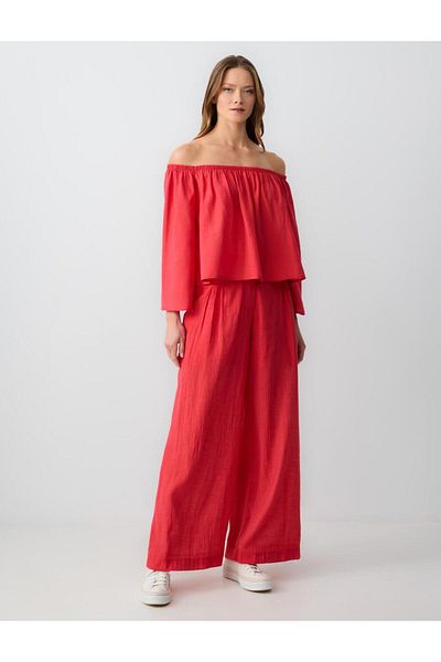 Jimmy Key Red Relaxed Cut Bardot Collar Linen Blouse