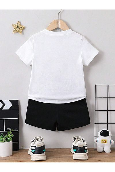 DUBU BUTİK Los Angeles Kids Set - White T-shirt and Black Shorts - Girls and Boys Summer Crew Neck
