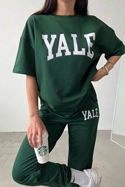 CLAYES Yale T-shirt Eşofman Altı Jogger- Yeşil Baskı Alt Üst Eşofman Takımı Oversize Bisiklet Yaka