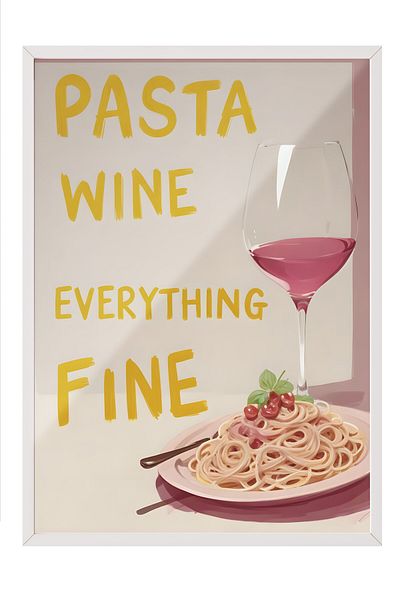 Postifull White Framed Painting, Cake Wine Everything Fine, Comfort Series Kitchen Wall Painting, No: 109133