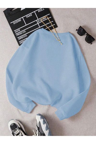 DUBU BUTİK Φούτερ Love Text - Baby Blue Printed Oversize Χοντρό χειμερινό λαιμόκοψη